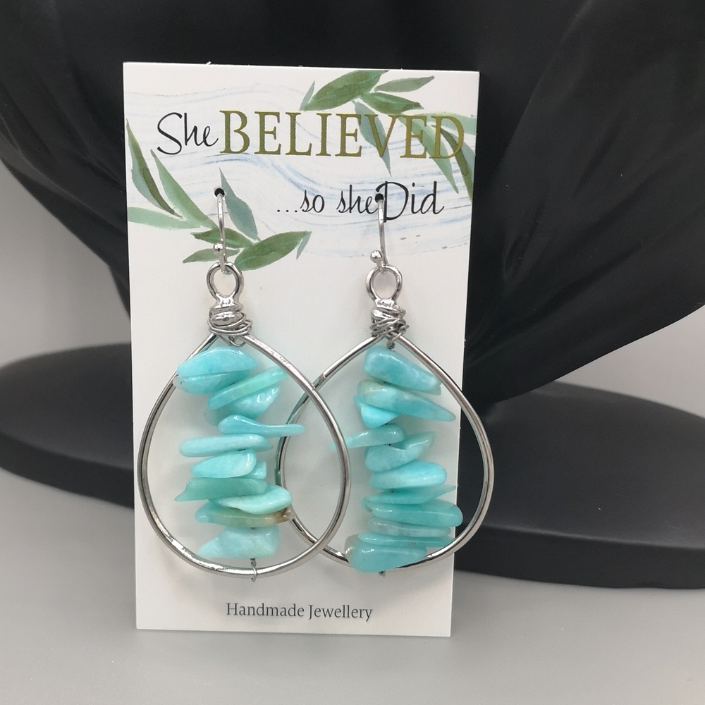 Real Amazonite Stone Silver Hoop Earrings
